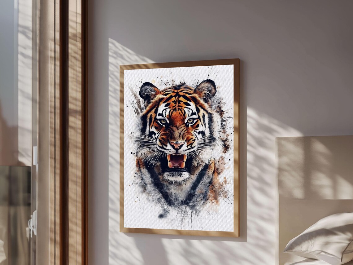 Tiger Portrait Snarling Wild Watercolor Splash Big Cat Jungle Art Poster