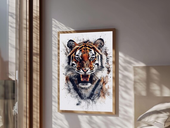Tiger Portrait Snarling Wild Watercolor Splash Big Cat Jungle Art Poster