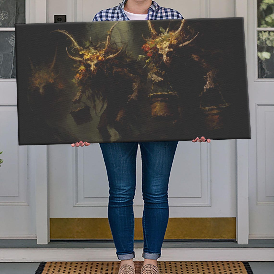 Horned Wendigo Creatures With Flowered Skulls Dark Forest Poster - Image 4