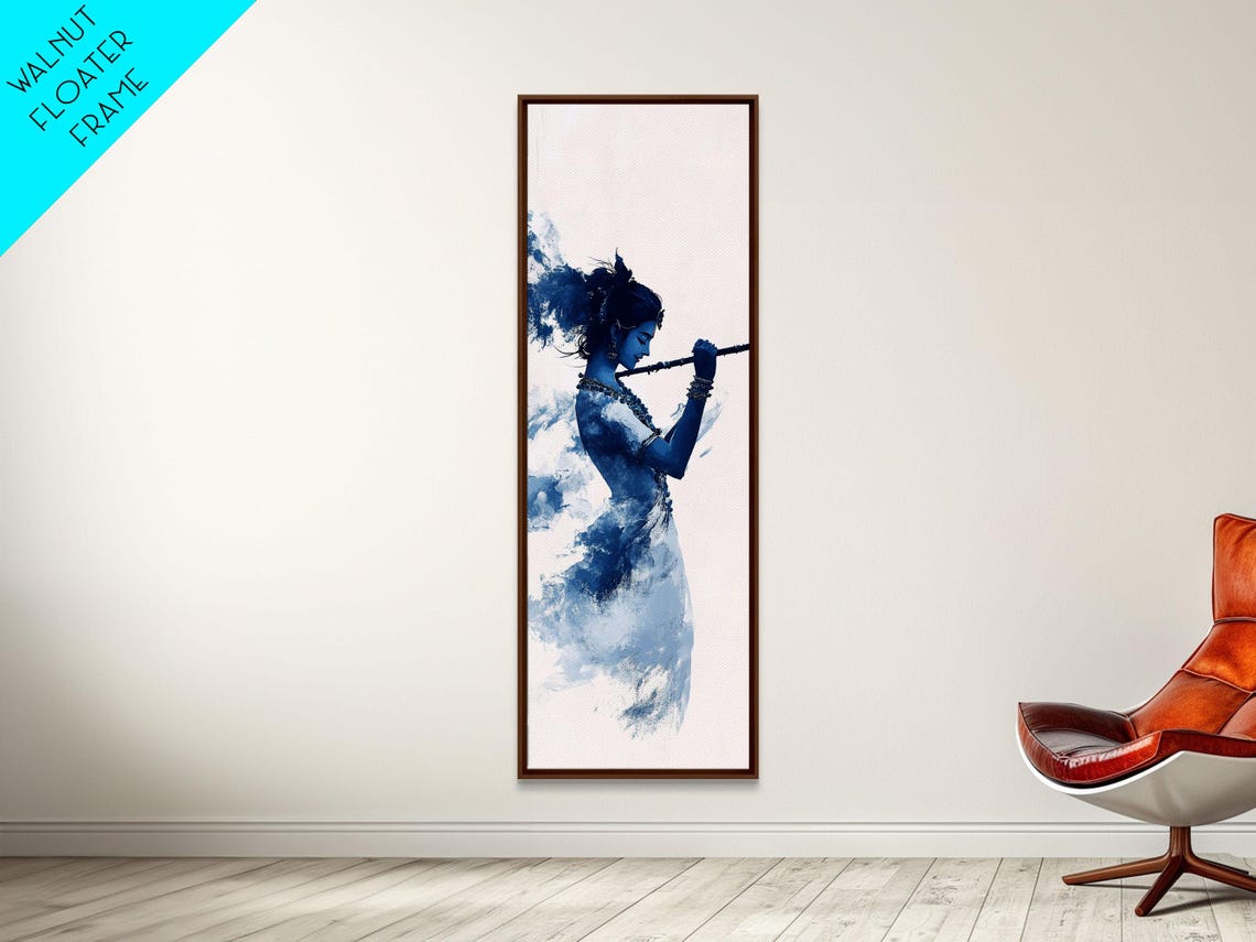 Krishna Playing Flute Blue Watercolor Hindu Devotional Art Poster