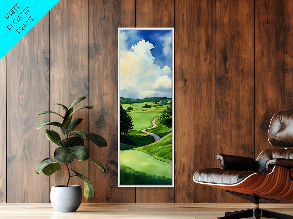 Rolling Lush Green Golf Course Watercolor Fairways Sky Wall Poster