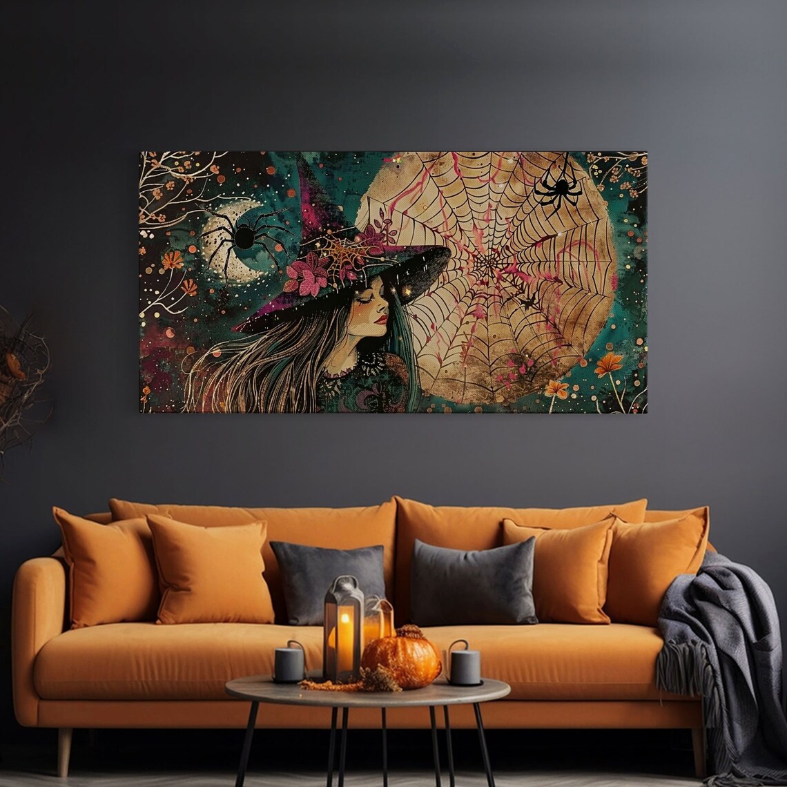 Cottagecore Witch Spider Web Moon Spiders Portrait Spooky Halloween Wall Art - Image 3