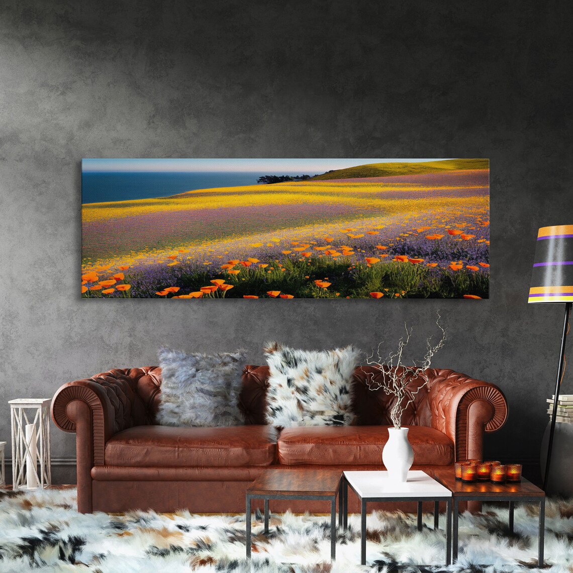 Orange Poppy And Lupine Field By The Ocean Coastline Panoramic Print - Image 5