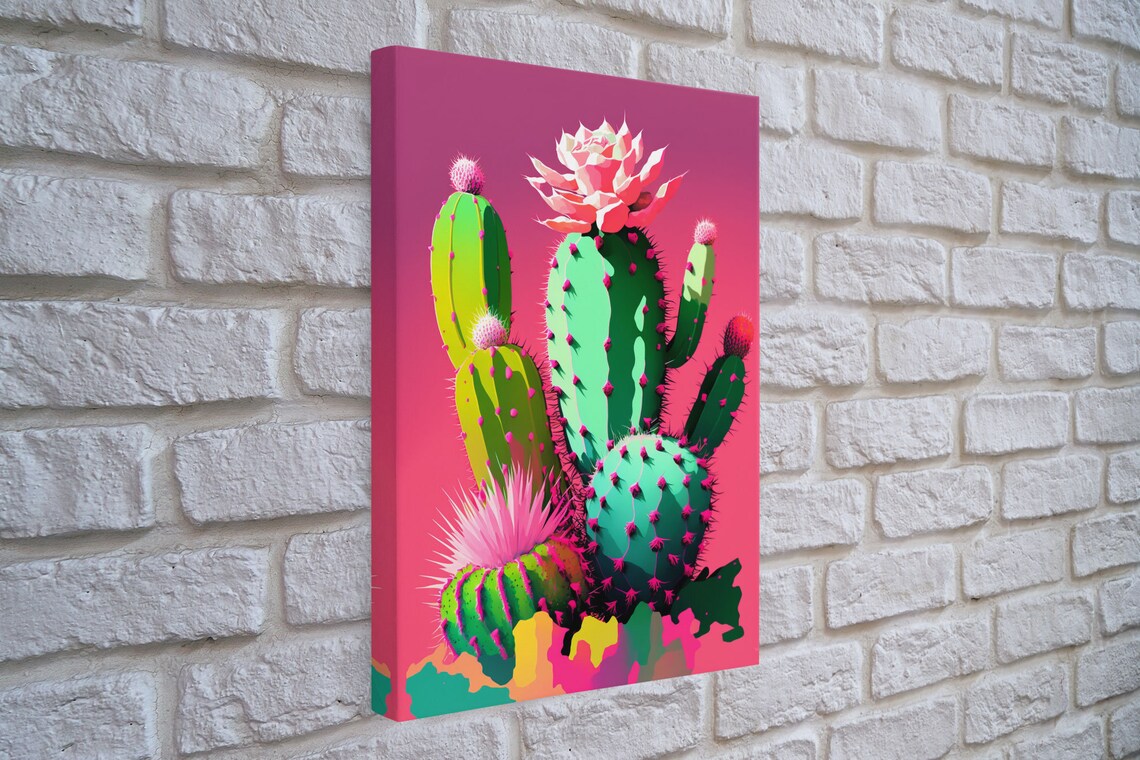 Neon Pop Art Cactus Blooming Flowers Hot Pink Background Art Poster - Image 5