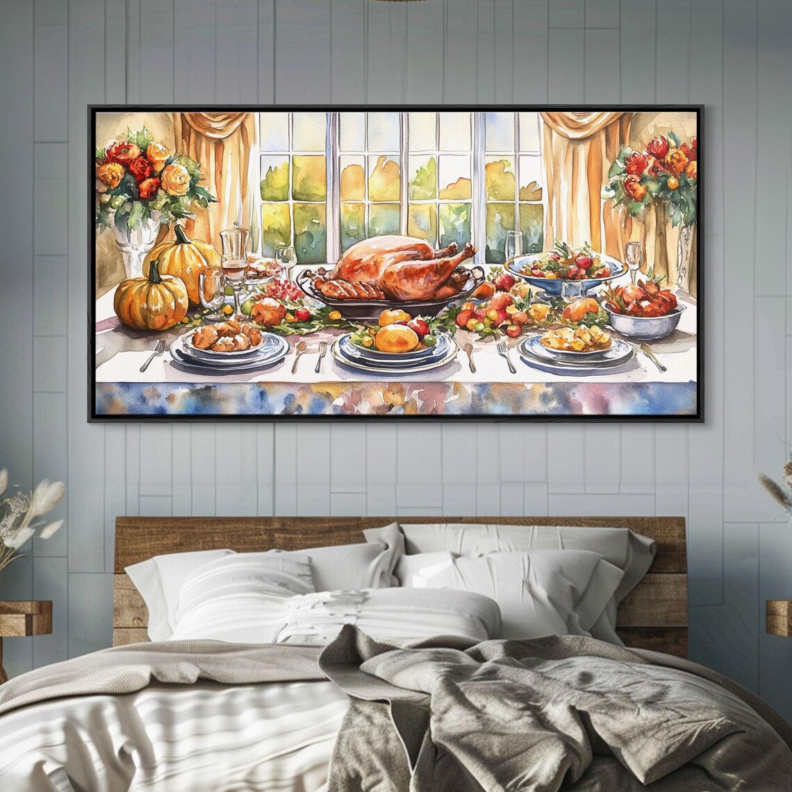 Autumn Thanksgiving Dinner Table Feast Turkey Pumpkins Watercolor Art Poster - Image 5