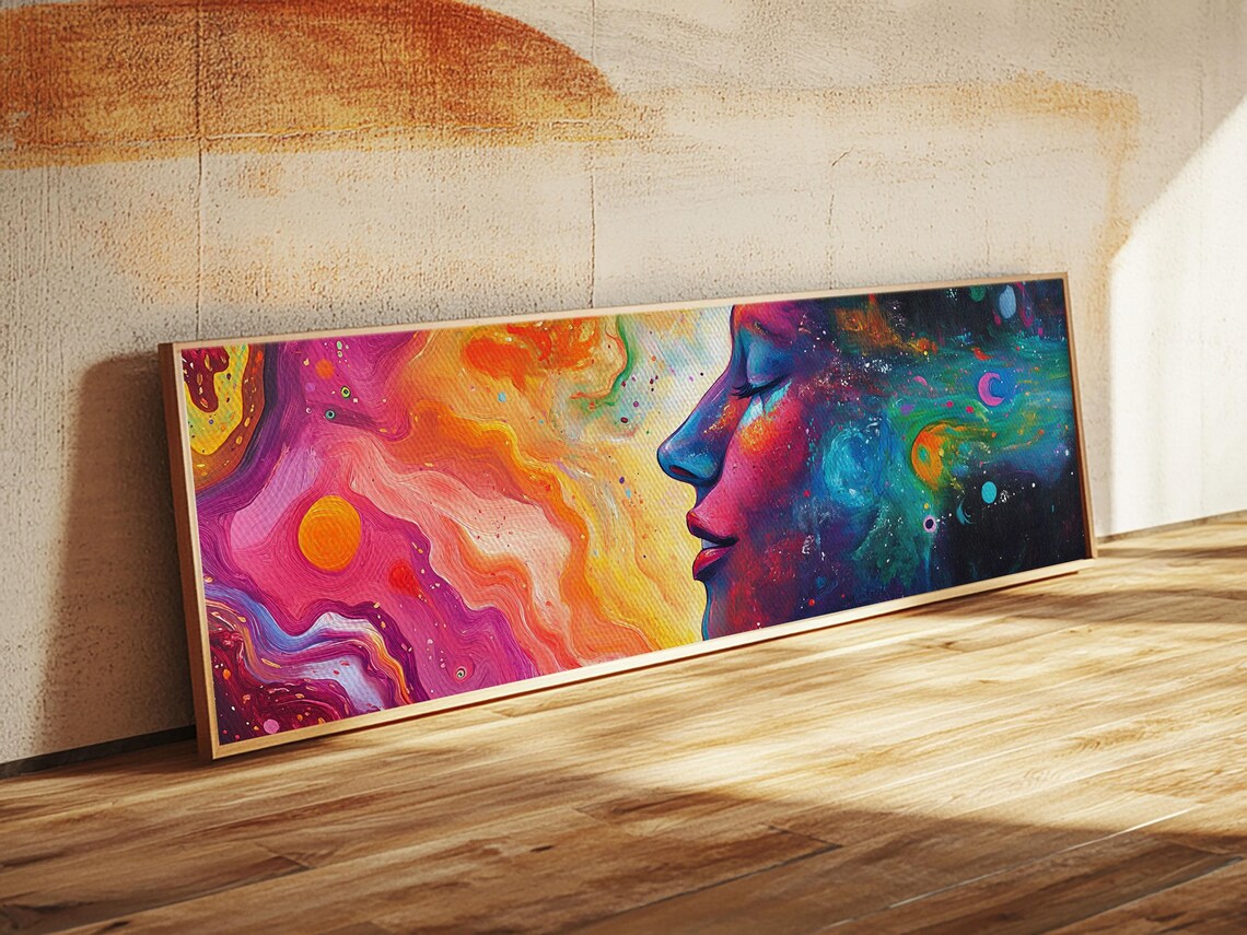 Cosmic Woman Profile Panoramic Galaxy Neon Fluid Abstract Face Art Poster - Image 5