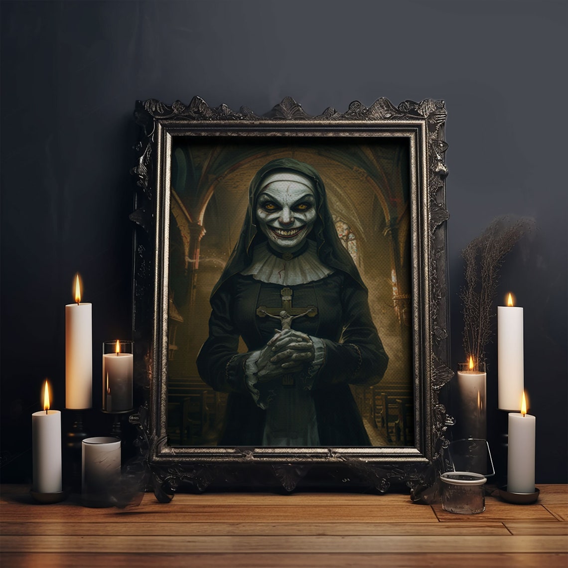Sinister Grinning Nun Skull Face Cathedral Gothic Horror Art Poster - Image 6
