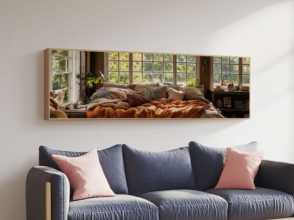 Sunlit Window Reading Nook Panoramic Cozy Cottagecore Amber Art Poster - Image 6
