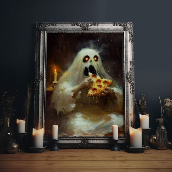 Hungry Ghost Eating Pepperoni Pizza Spooky Funny Candlelit Poster