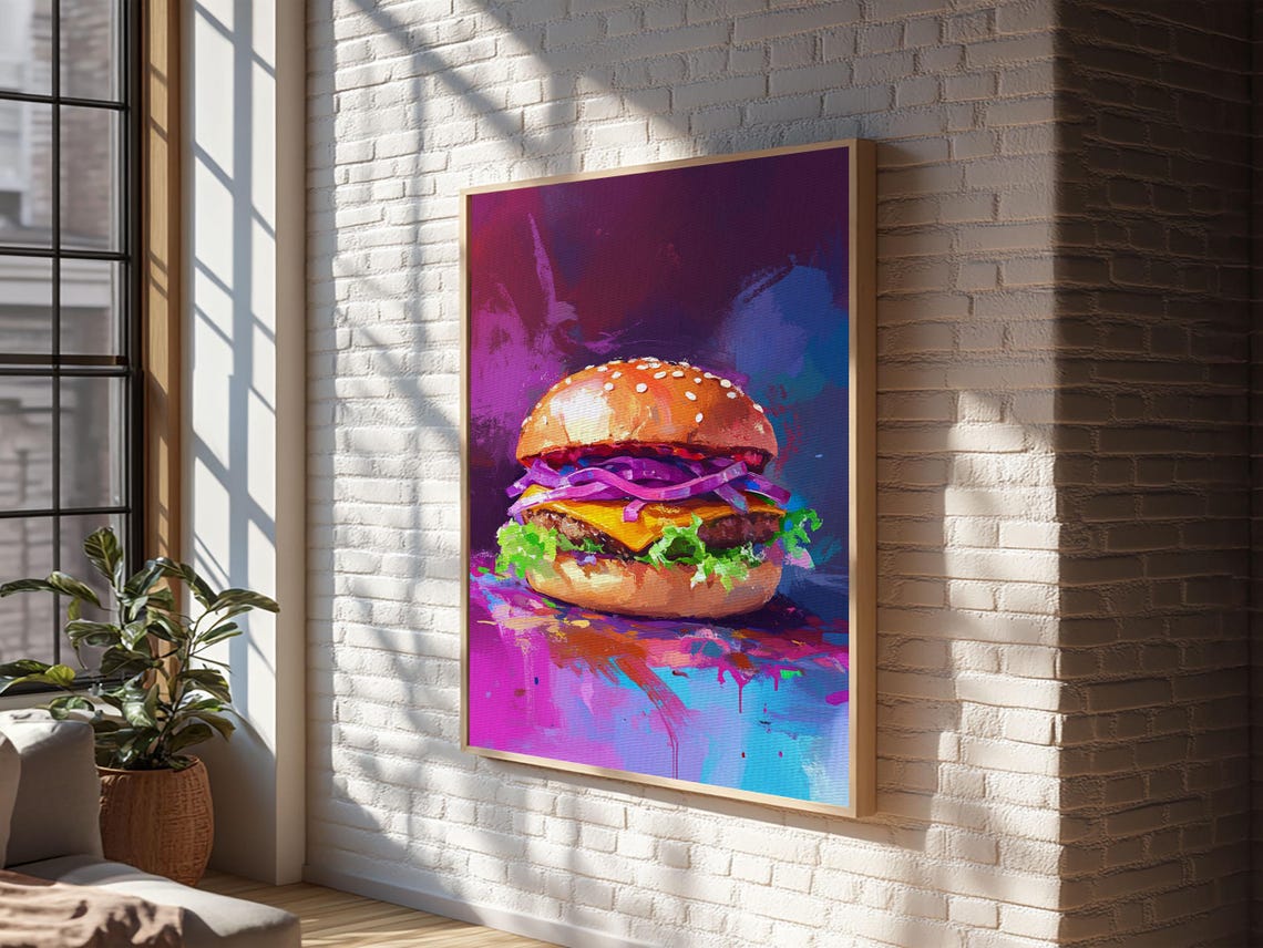 Pop Art Cheeseburger Neon Purple Kitchen Food Painting Art Print - Image 5