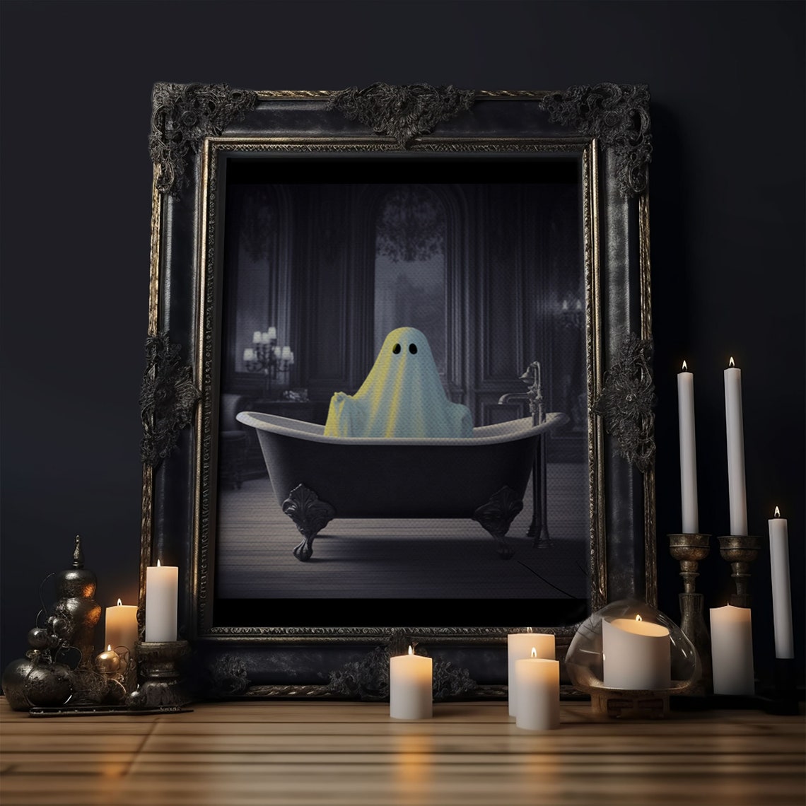 Cute Sheet Ghost In Vintage Clawfoot Bathtub Dark Room Wall Art - Image 6