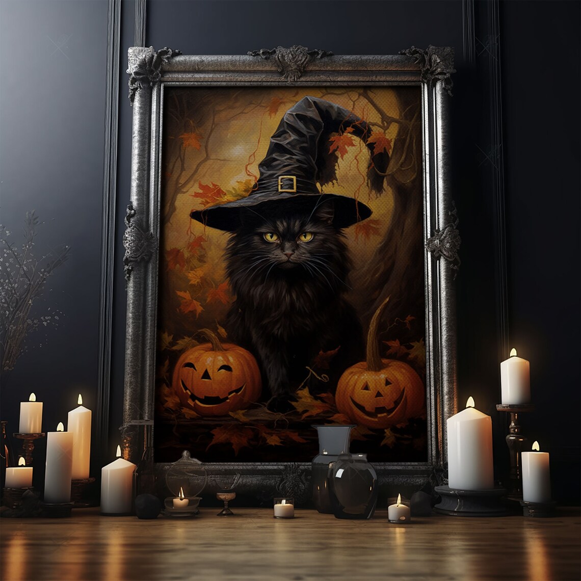Witch Cat With Jack-O'-Lanterns, Dark Academia Poster - Image 4