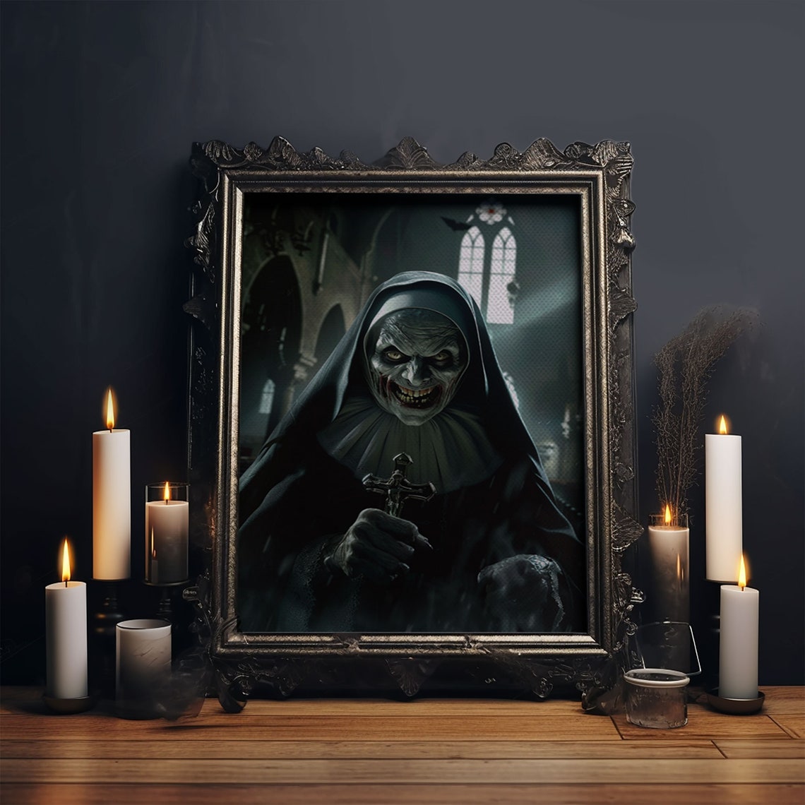 Sinister Grinning Nun With Crucifix In Haunted Church Horror Poster - Image 6