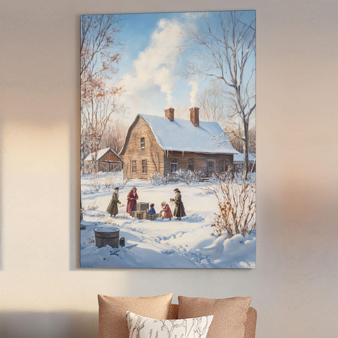 Snowy Country Homestead Framed Print Winter Family Gathering Outside Farmhouse Rustic Christmas Wall Art Holiday Seasonal Decor - Image 3