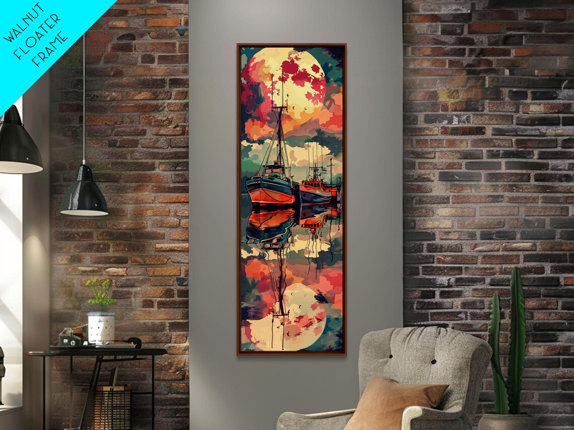 Vibrant Colorful Fishing Boats Full Moon Night Harbor Art Poster - Image 5