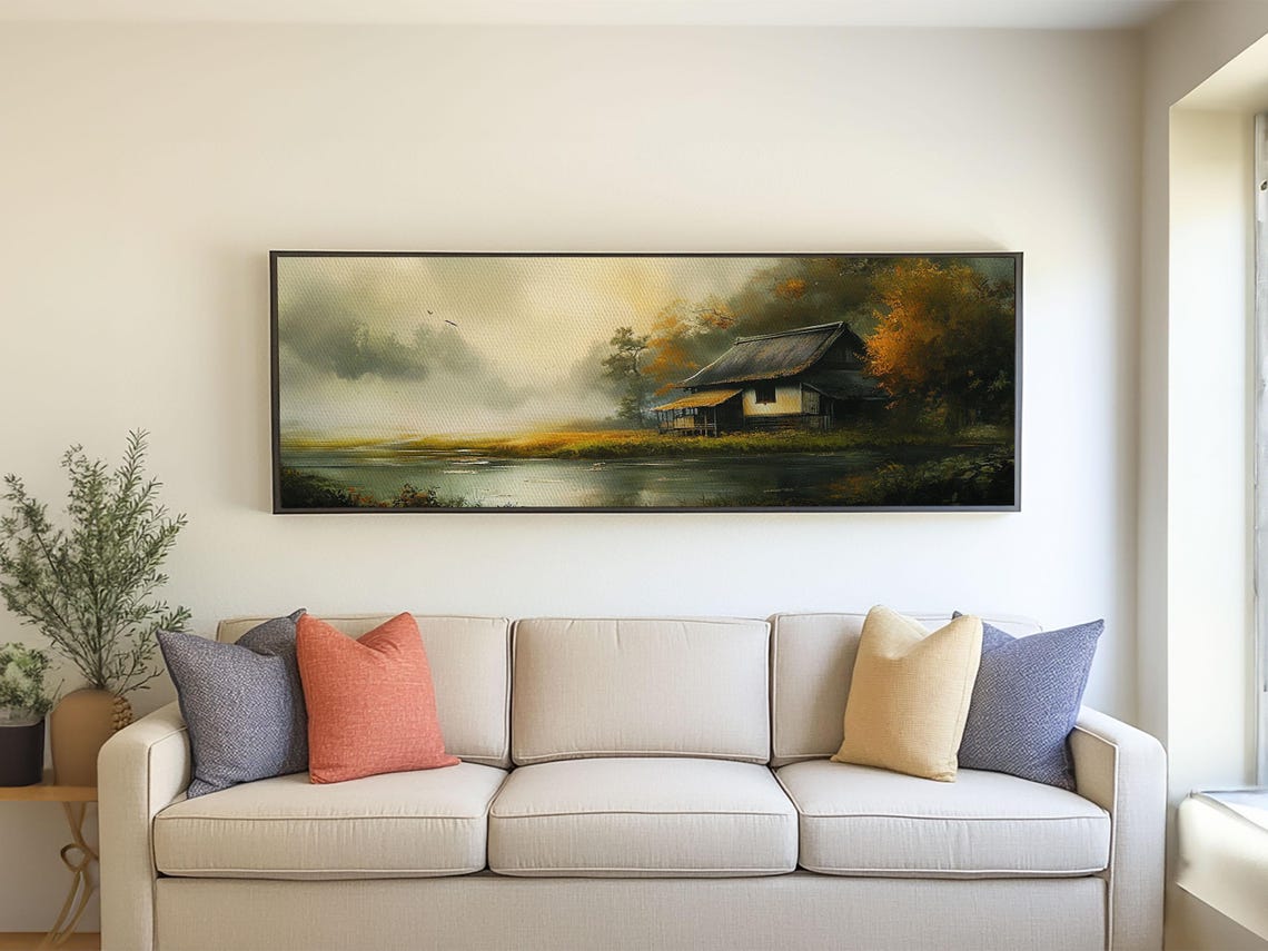 Autumn Lakeside Cabin Misty Water Golden Trees Rustic Wall Poster - Image 2