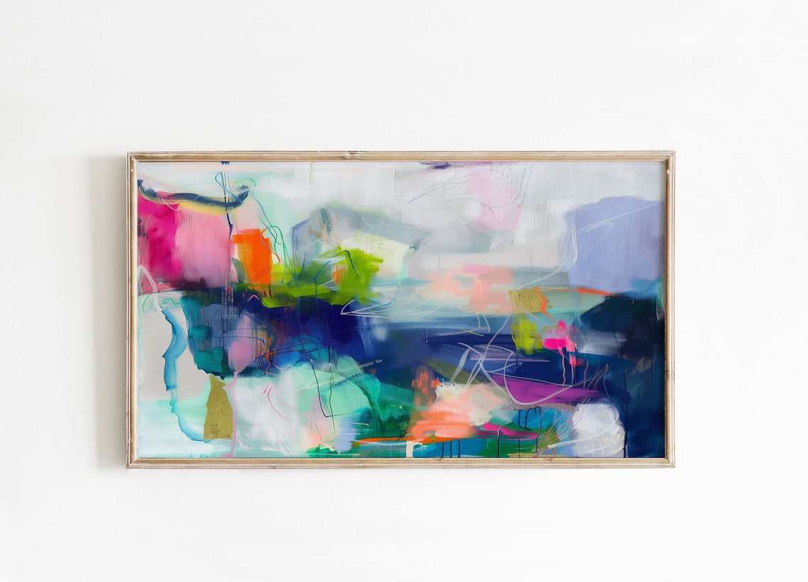 Vivid Abstract Painting With Teal Navy Pink And Green Strokes Poster