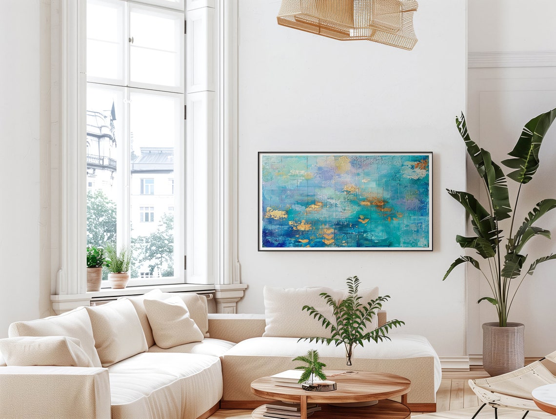 Textured Blue Teal Gold Leaf Ocean Abstract Oil Painting Wall Poster - Image 5