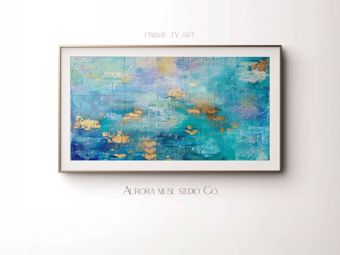 Textured Blue Teal Gold Leaf Ocean Abstract Oil Painting Wall Poster - Image 4