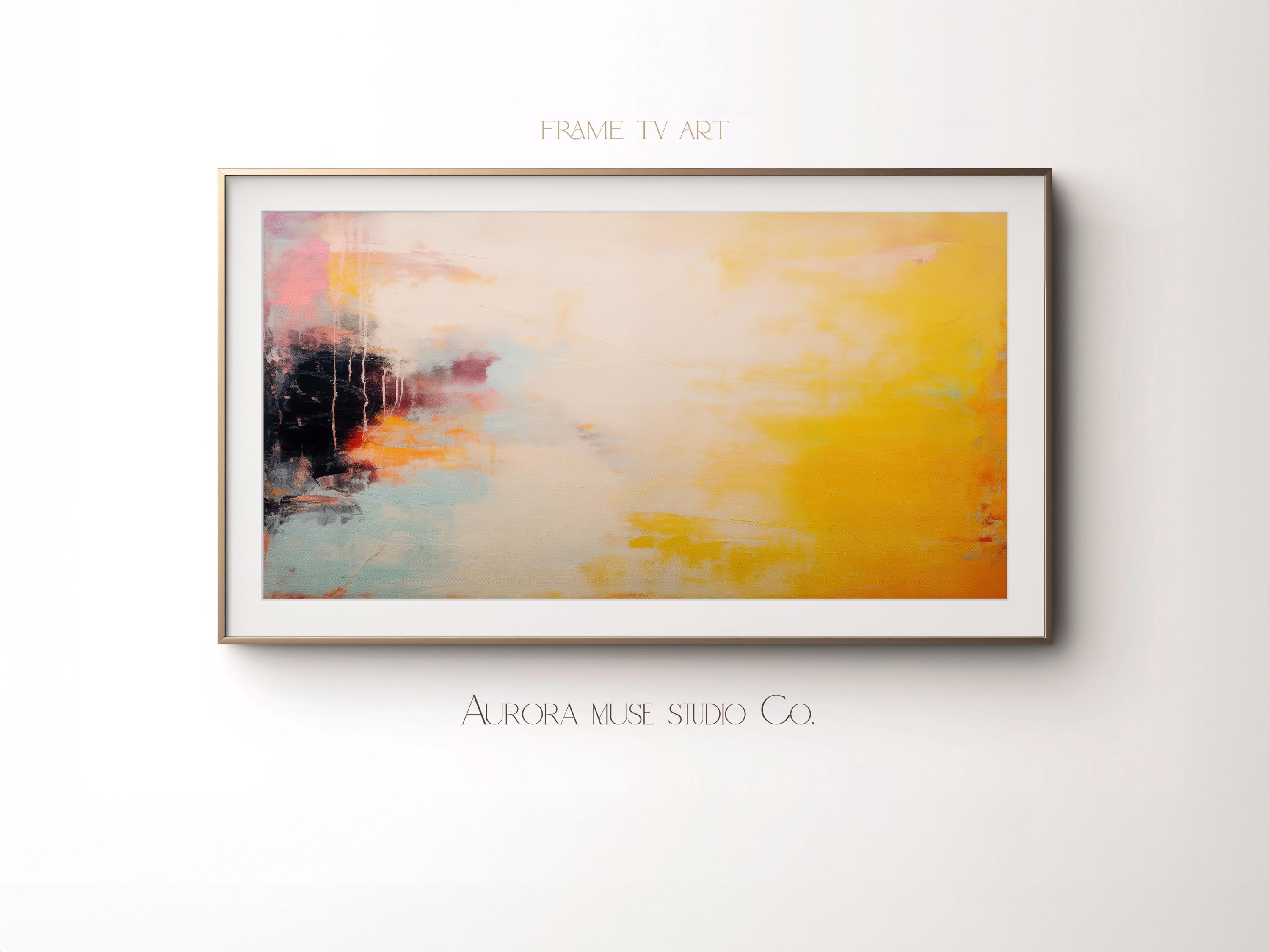 Golden Yellow Abstract Oil Painting With Navy Blue Brushstroke Poster