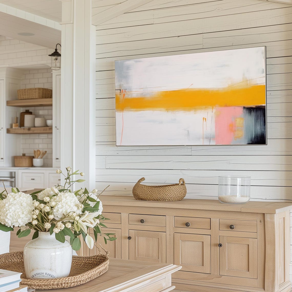 Mustard Yellow Stripe Abstract Painting Modern Coastal Room Poster