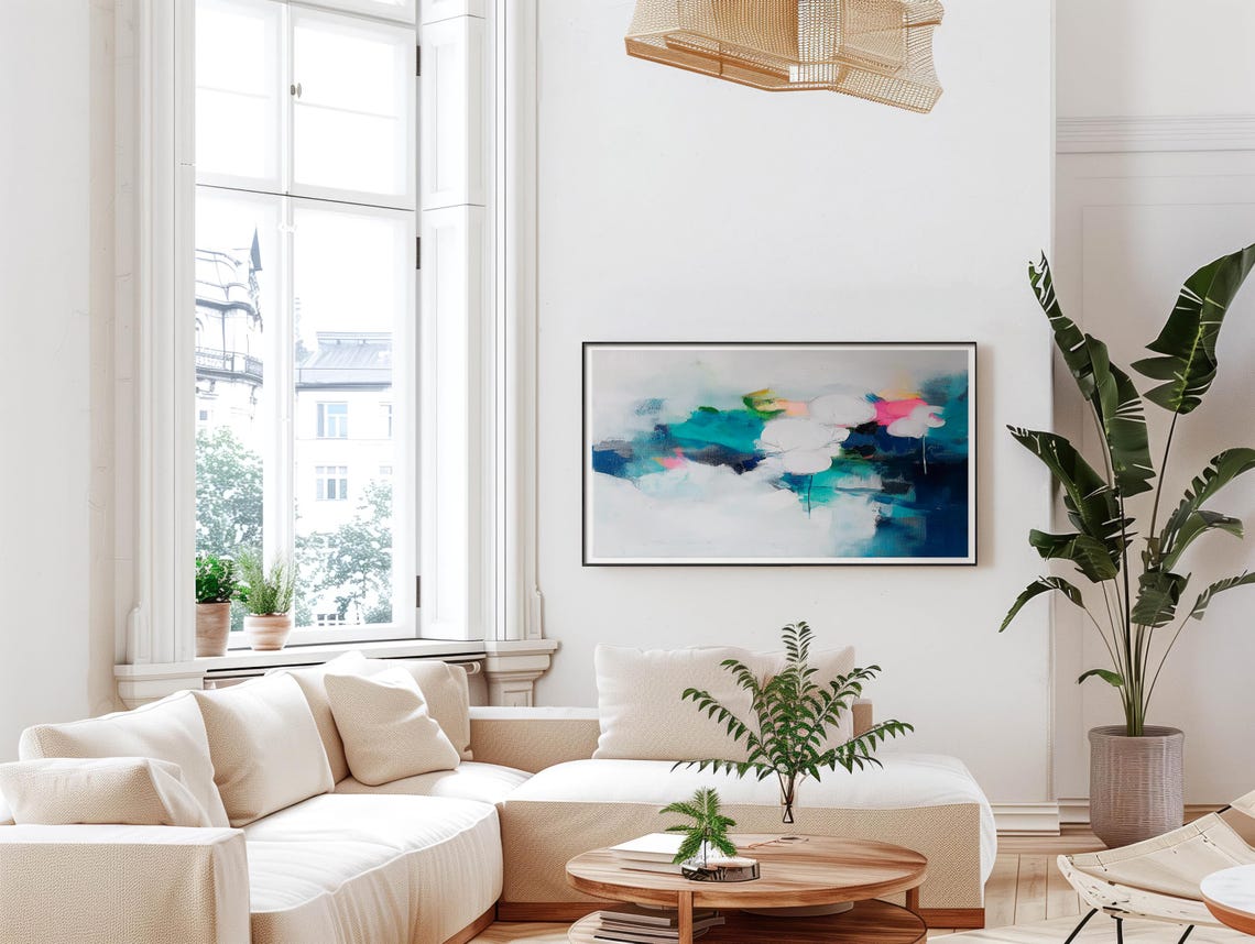 Teal Pink Floral Abstract Painting Modern Bedroom Wall Decor Poster - Image 4