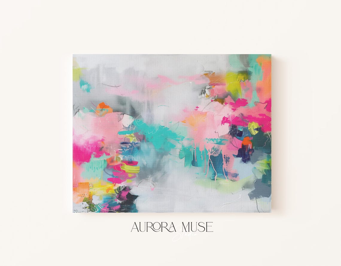 Pink Teal And Yellow Abstract Brushwork Modern Canvas Wall Art