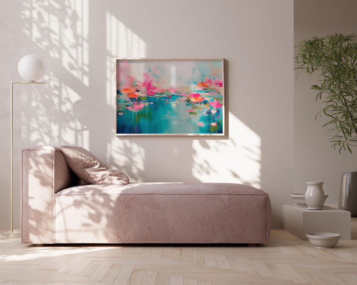 Teal Pond Abstract With Pink Red Water Lily Flowers And Drips Poster - Image 5