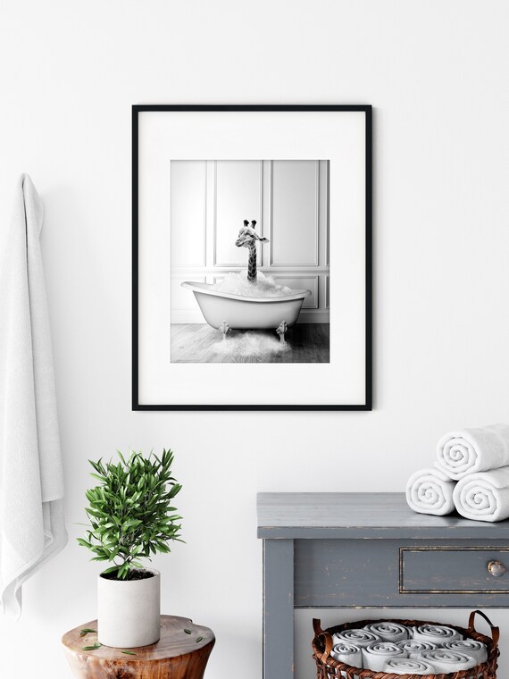 Cute Baby Giraffe In Tub Bathroom Art Print