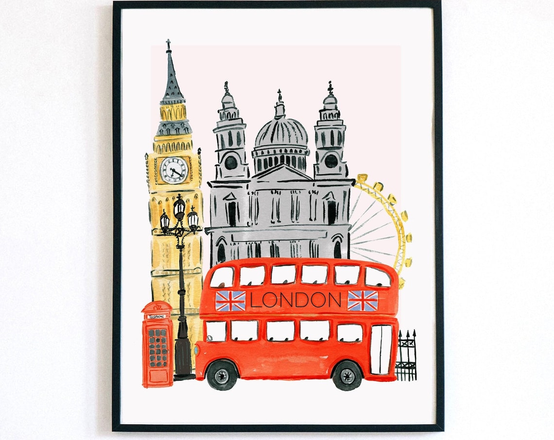 London England Travel Poster, Big Ben and St Paul’s