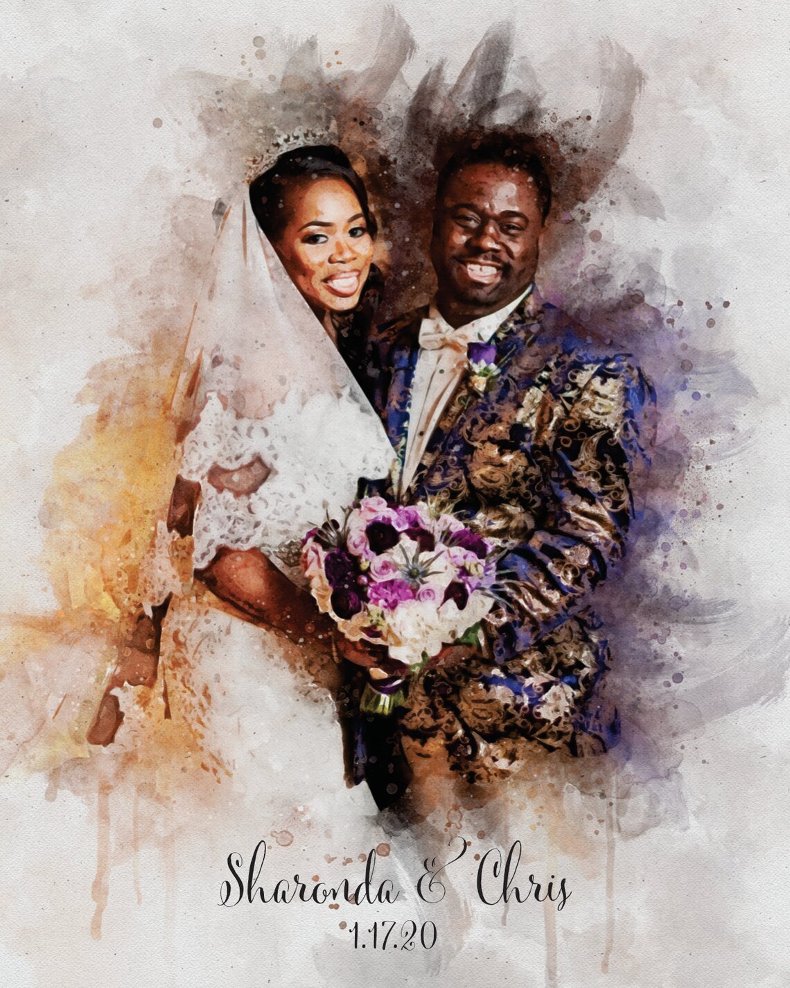 Personalized Wedding Couple Portrait, Watercolor Art Print - Image 4