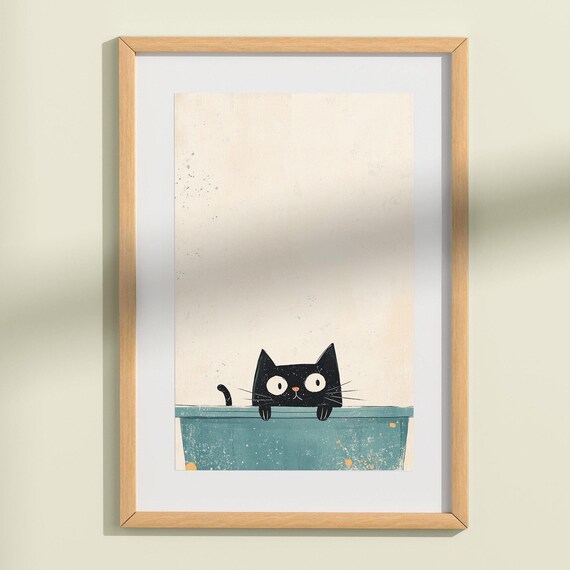 Charming Black Cat Bathroom Poster Minimalist Comfort Art For Cat Lovers Cute Black Cat Bath Decor Cozy