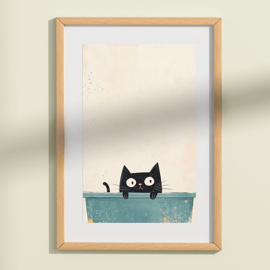 Black Cat Peeking Over Bathtub Cute Watercolor Bathroom Art Poster