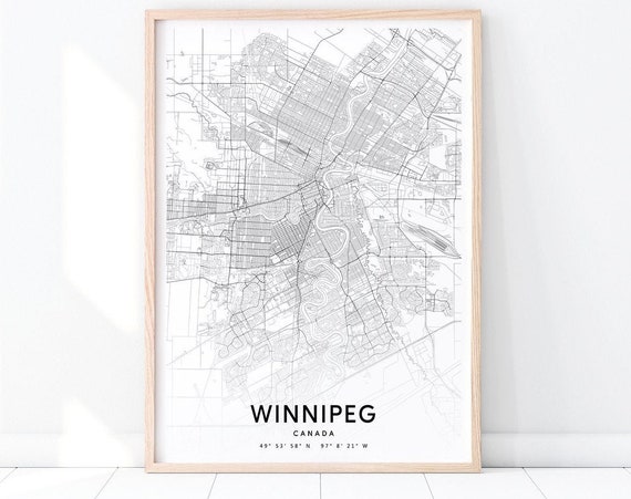 Winnipeg Map Print, Black White Modern Travel Poster