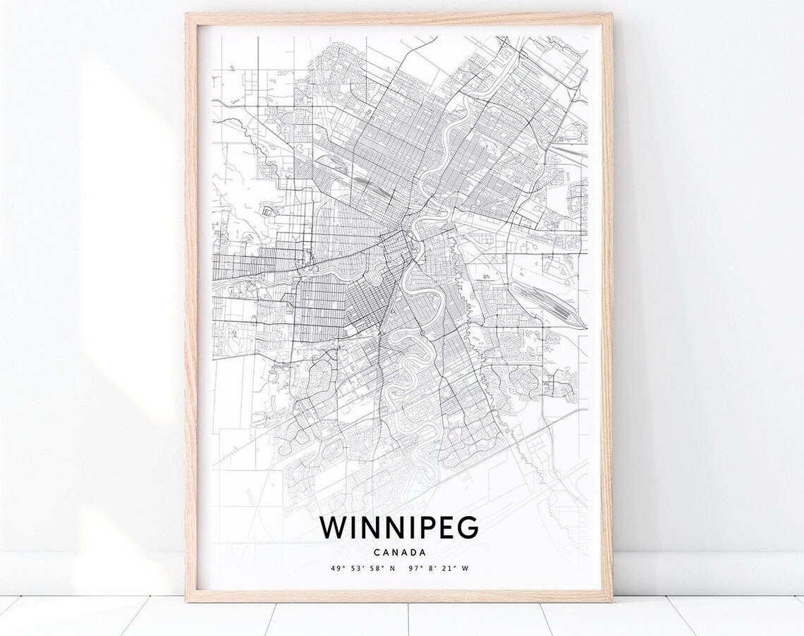 Winnipeg Map Print, Black White Modern Travel Poster