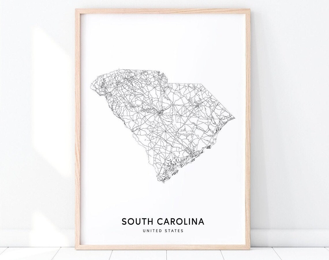 South Carolina Map Print, Modern State Road Poster