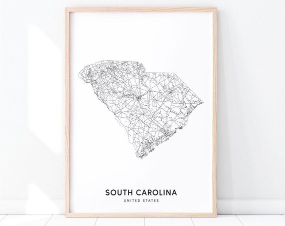 South Carolina Map Print, Modern State Road Poster