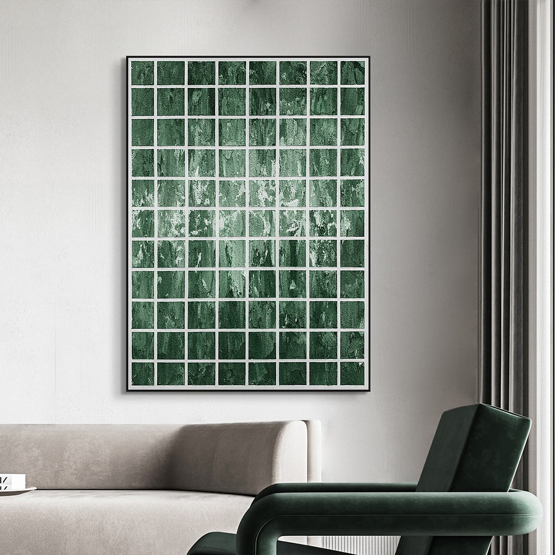 Emerald Green Mosaic Grid Tile Abstract Geometric Art Poster - Image 5