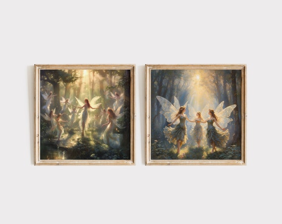 Forest Fairies Painting Fairy Tale Wall Art Fairycore Print Whimsical Illustration Kids Room Dancing In The