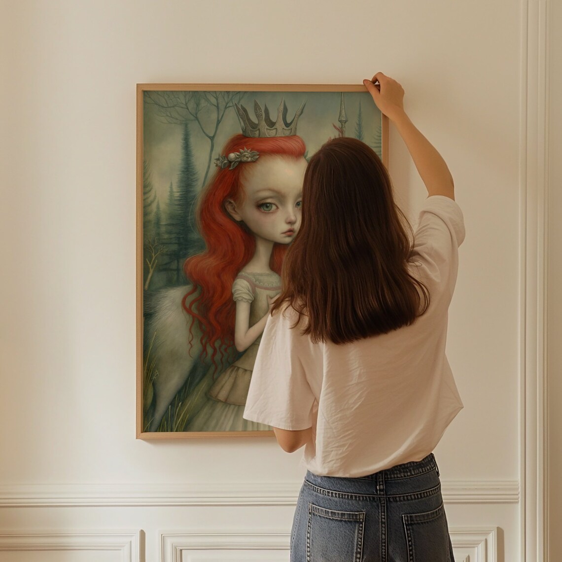 Redhead Princess With White Wolf Whimsical Enchanted Forest Fantasy Poster - Image 2