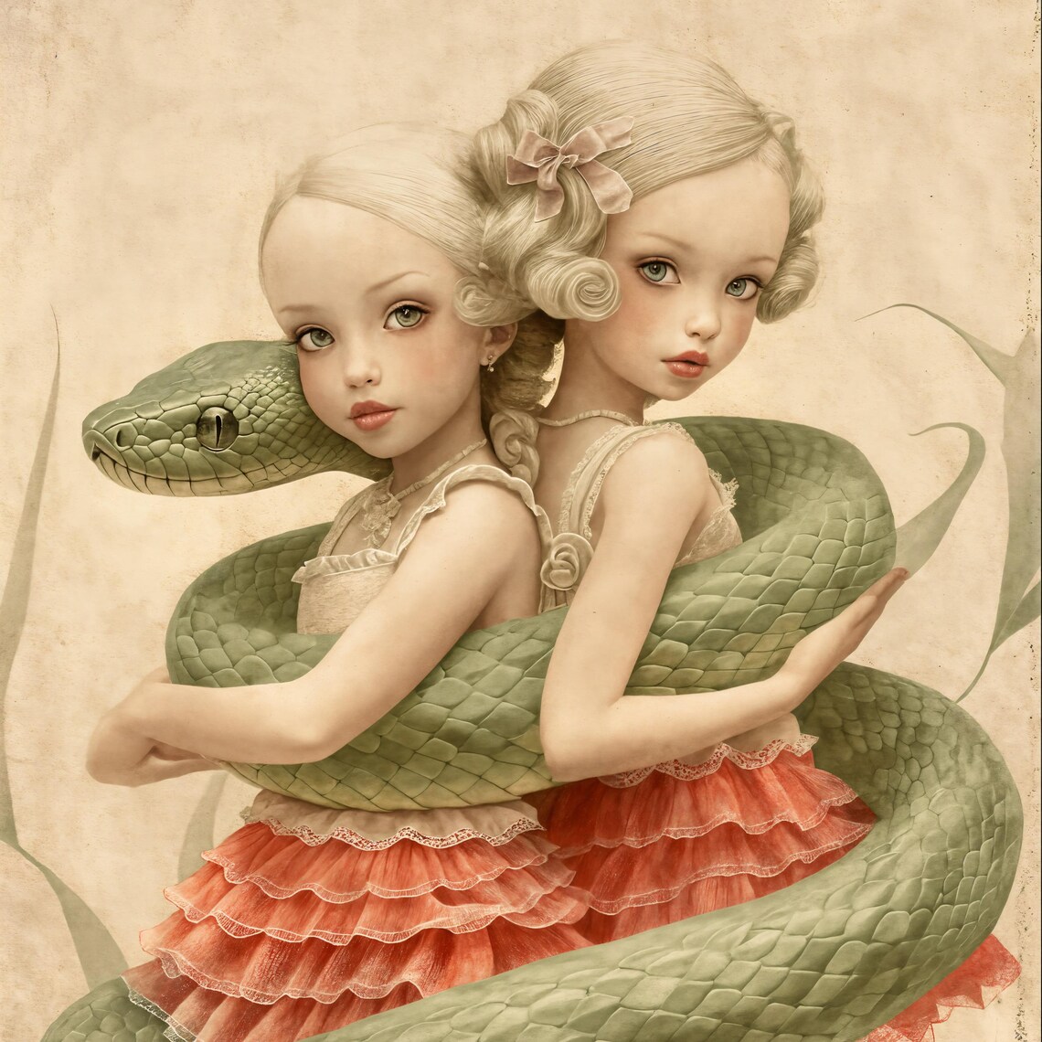 Blonde Sisters With Green Snake Vintage Pop Surreal Fantasy Art Poster - Image 4