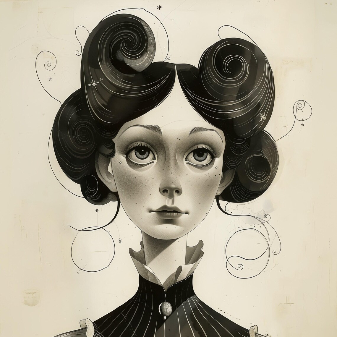 Victorian Woman Portrait Black And White Swirled Hair Freckles Art Poster - Image 4