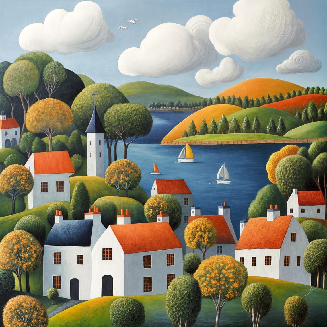 Colorful Coastal Village Wall Art Harbor View Painting Sailboats And Seaside Houses Print Ocean Art For Living Room Modern Home Decor - Image 3