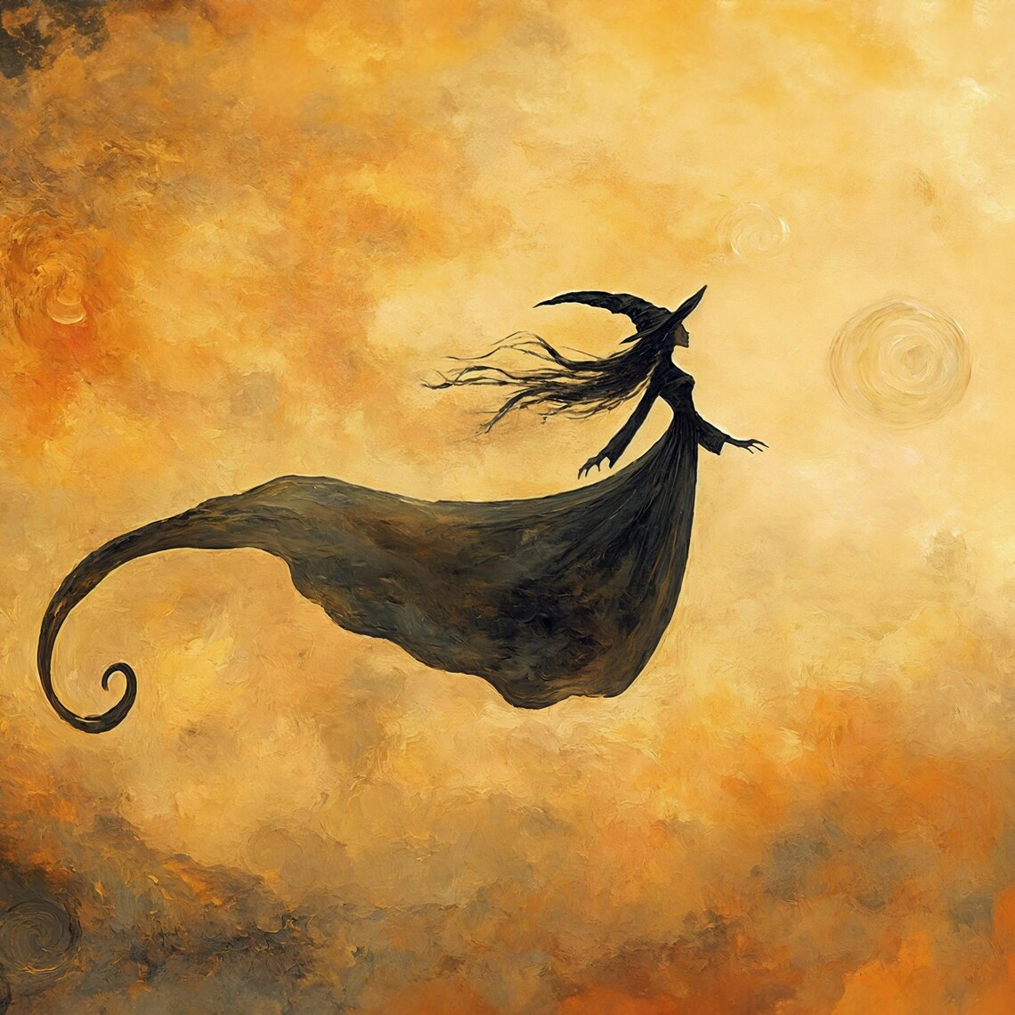 Flying Witch Silhouette Golden Amber Sky Dark Fantasy Art Poster - Image 3