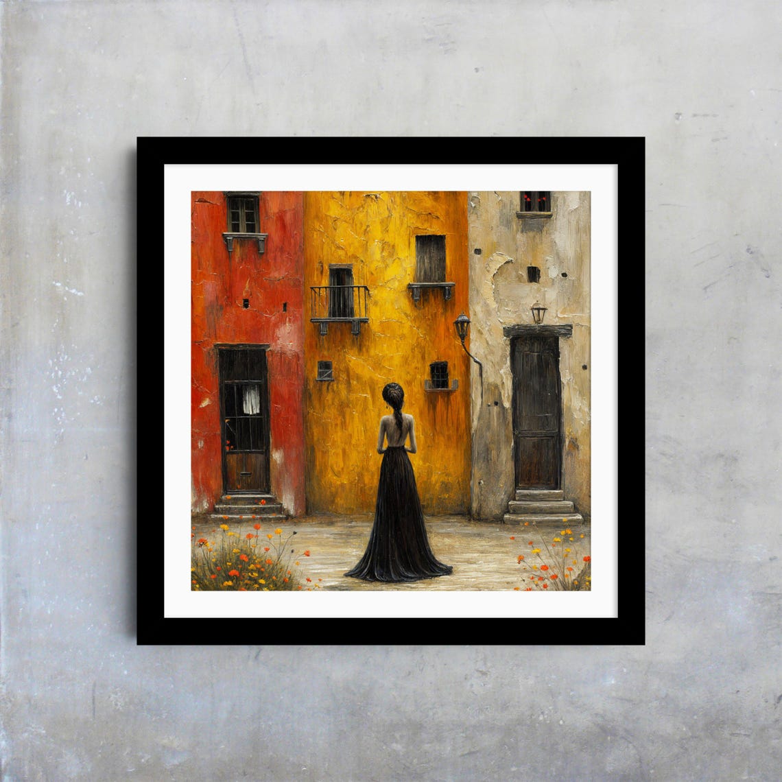 Colorful Urban Street Scene Wall Art Woman In Black Dress Painting Vibrant Cityscape Unique Home Decor Gift
