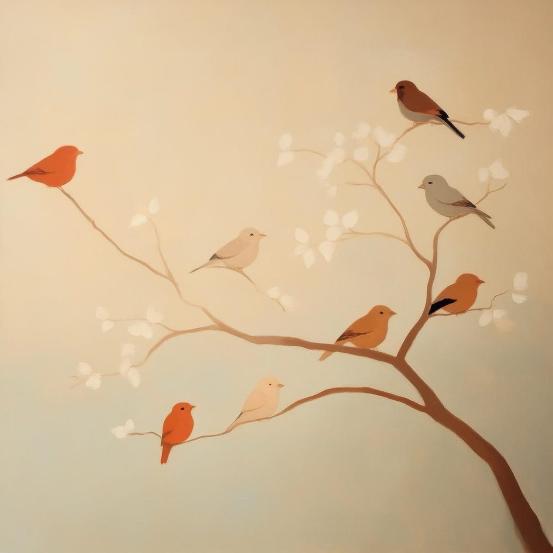 Seven Birds Blossoming Branch Minimalist Beige Neutral Bird Art Poster - Image 3