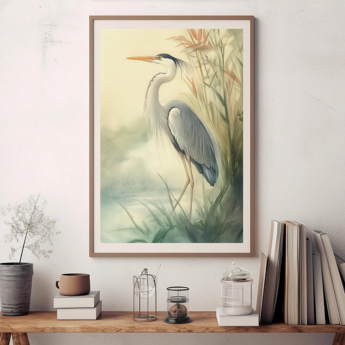 Great Blue Heron Misty Marsh Watercolor Serene Wetlands Bird Poster
