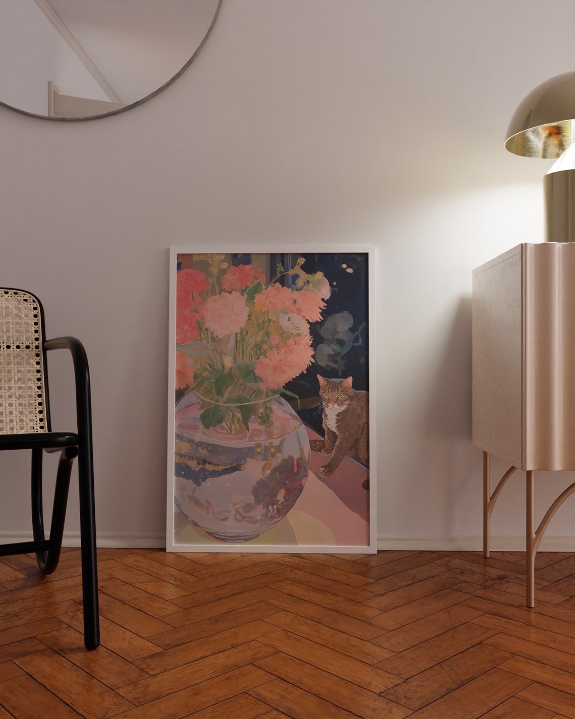 Tabby Cat Beside a Glass Vase of Pink Flowers Night Art Poster - Image 4