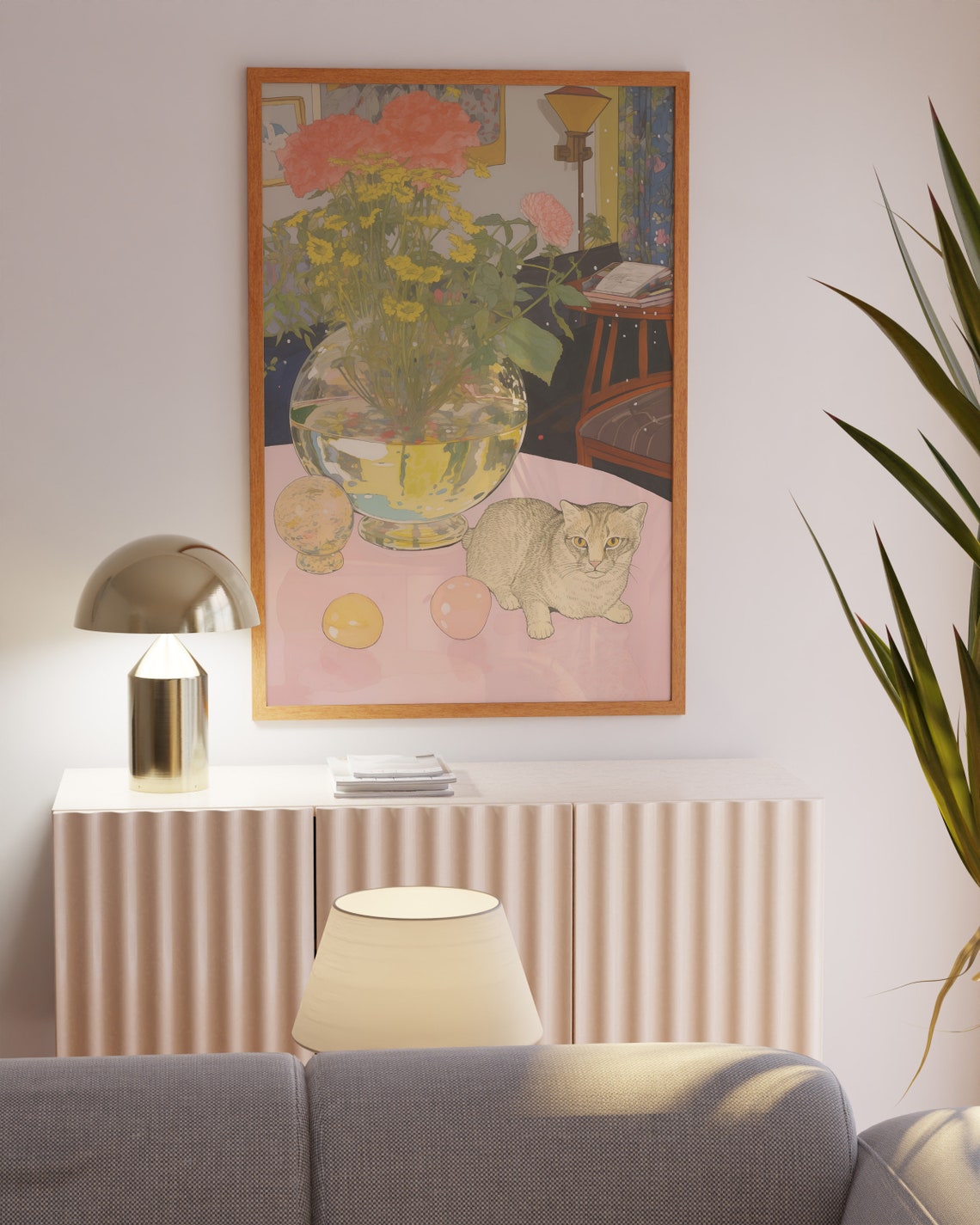 Grey Cat With Flower Vase Pastel Pink Table Still Life Poster - Image 4