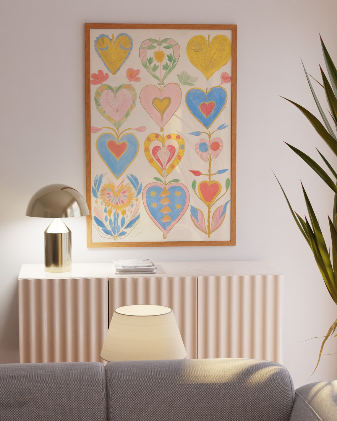 Twelve Patterned Folk Hearts Colorful Scandinavian Art Poster